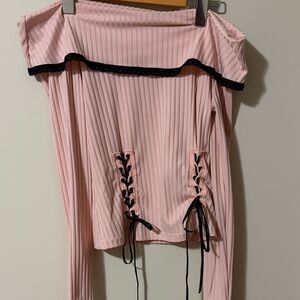 Pink Off-Shoulder Top with Black Lace Detail